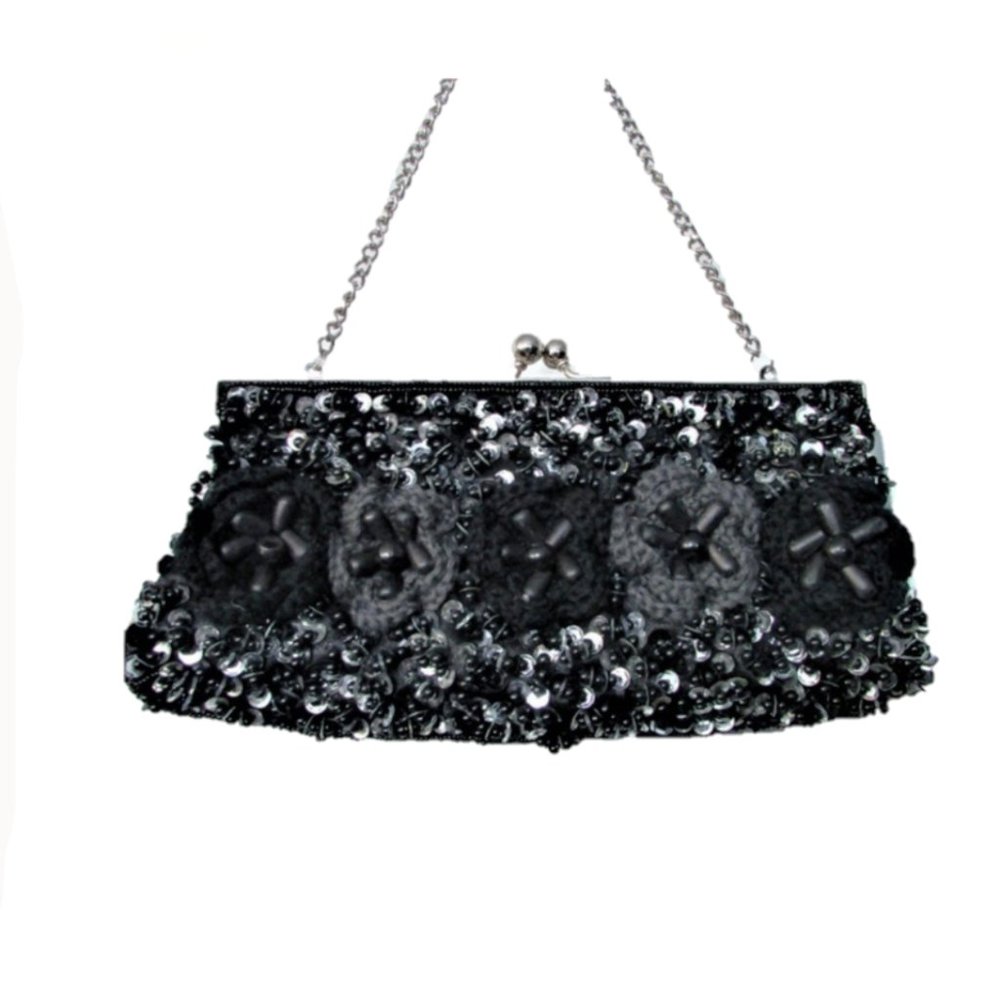 Sasha black gray beaded crochet flowers bag